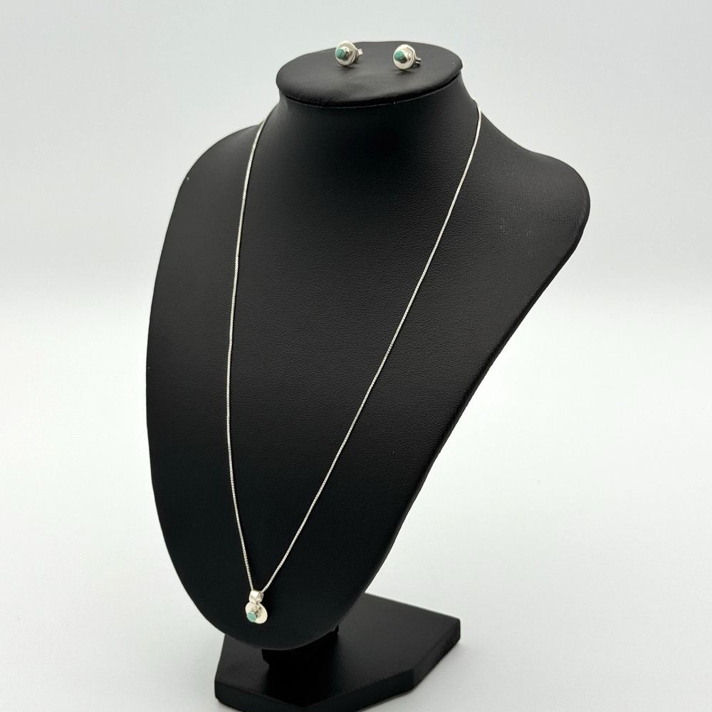 925 Sterling Chain Necklace Turquoise Style‎ Pendant Earrings Set Blue Green